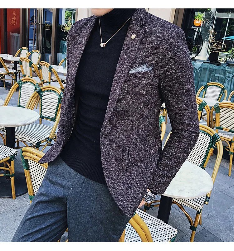Мужской твидовый Блейзер Осень зима блейзер masculino slim fit повседневные мужские спортивные пиджаки hombre invierno ho Мужской Блейзер черный синий коричневый