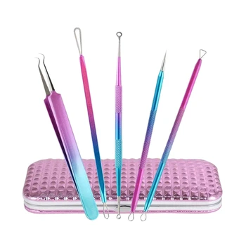 

5Pcs Blackhead Remover Tool Kit,Premium Stainless Steel Blackhead Tweezers Kit Dual Ended Colored Blackhead Remover with Mirror