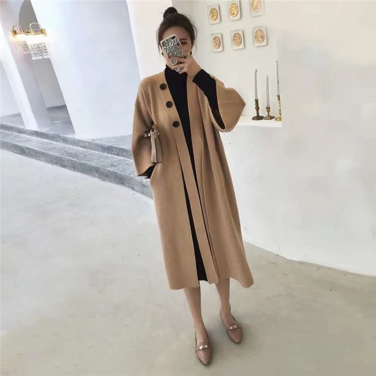 New Autumn Winter Women Jackets Knitting Warm Korean Style Elegant Casual Long Coat Outerwear Ladies F039