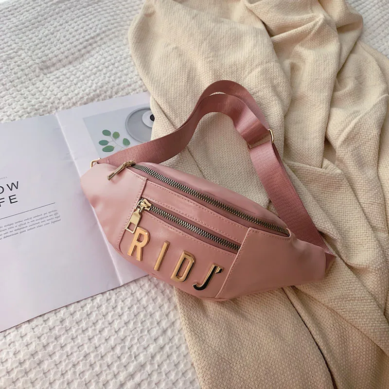 Поясные сумки для женщин модный дизайн брендовый женский кожаный ремень сумки цепочки букв поясная сумка женская нагрудная сумка через плечо - Цвет: pink without chains