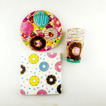 

60pcs/lot Happy Birthday Party Donut Theme Plates Decorate Cups Children Favors Baby Shower Napkins Party Supplies