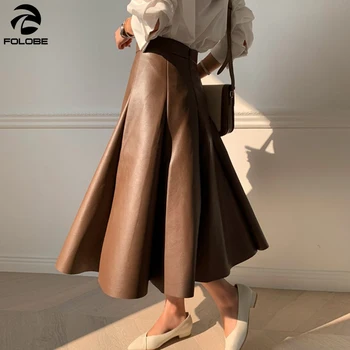 

2020 New Fashion Women Autumn Winter PU Faux Leather Skirts Lady High Waist A-line Midi Mid-calf Maxi Long Black Brown Skirt
