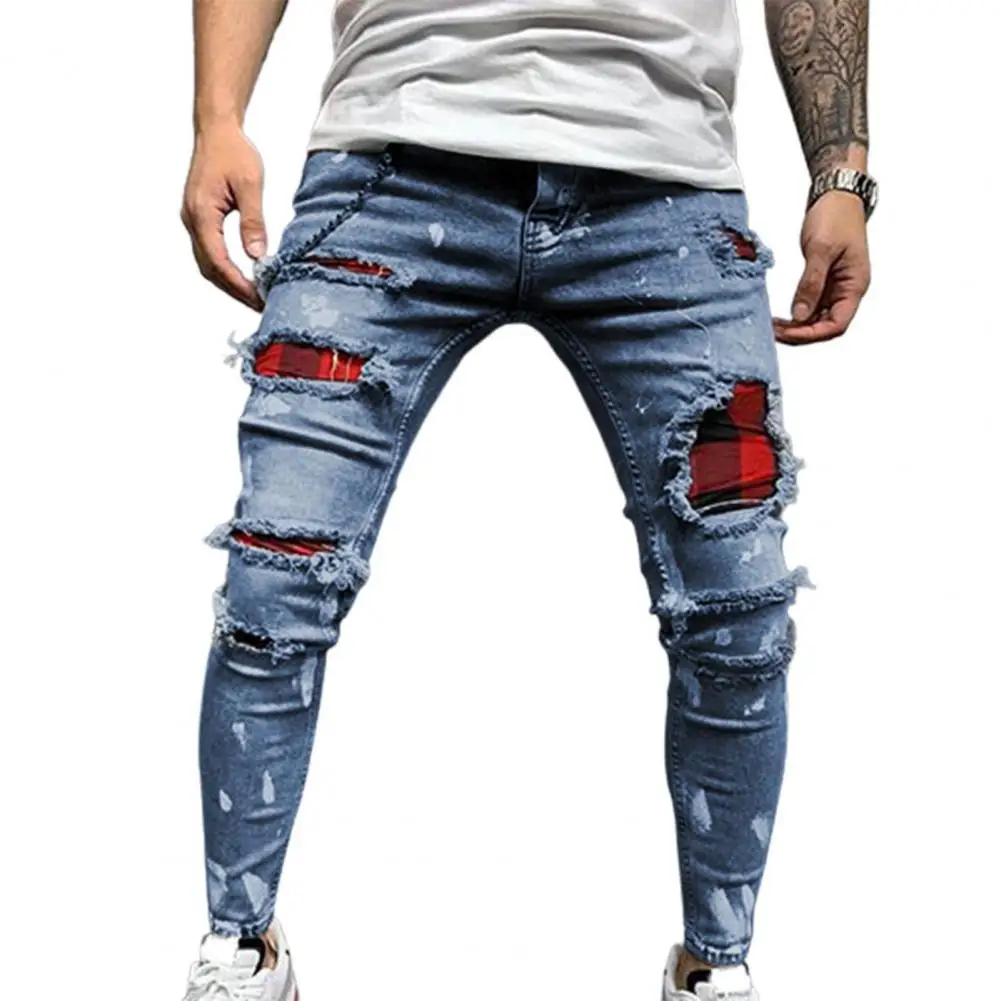 Men's Quilted Embroidered jeans Skinny Jeans Ripped Grid Stretch Denim Pants Man Elastic Patchwork Denim