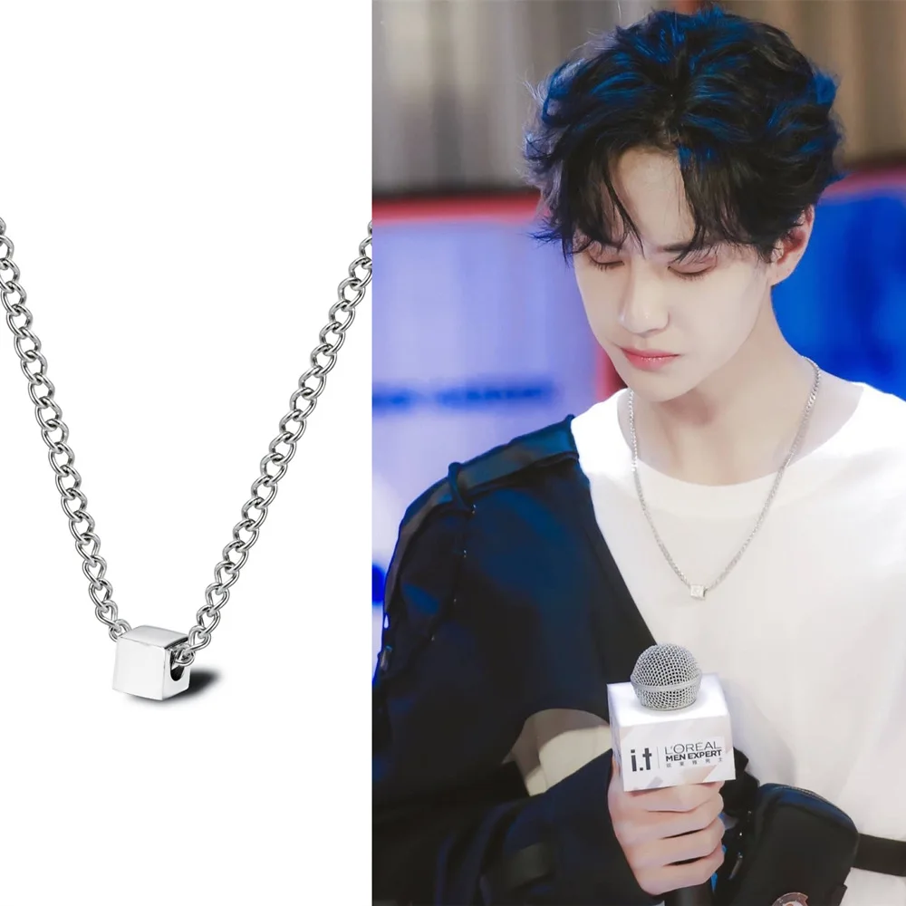 Wang Yibo Celebrity Style Necklace Square Japanese Korean Cool Versatile Men And Women Pendant Simple Cool Hip Hop Titanium Stee