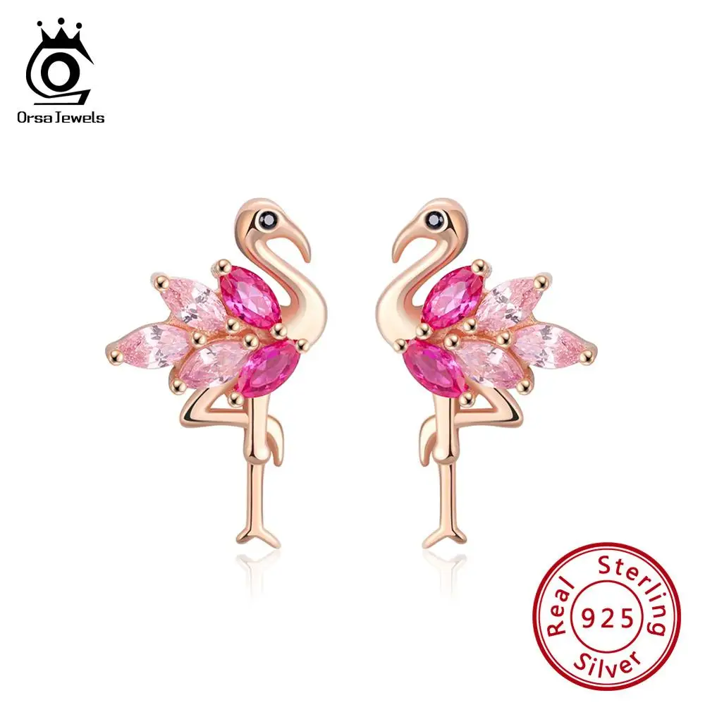 

ORSA JEWELS Genuine 925 Sterling Silver Flamingo Shape Stud Earrings Combine With Rose & Pink AAAA Zircon Earrings Jewelry SE164