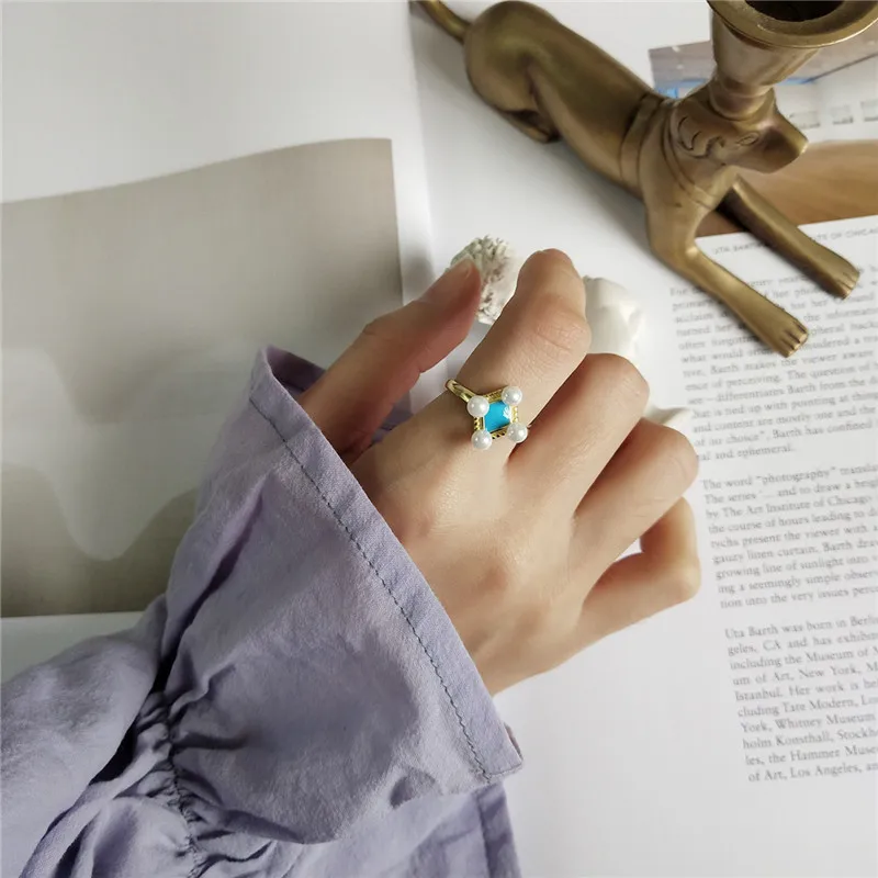 RUIYI Real 925 Sterling Silver New Macaroon Blue rhombus Pearl Rings Women Fashion Korean Style 18K Gold Plated Chic Niche | Украшения и