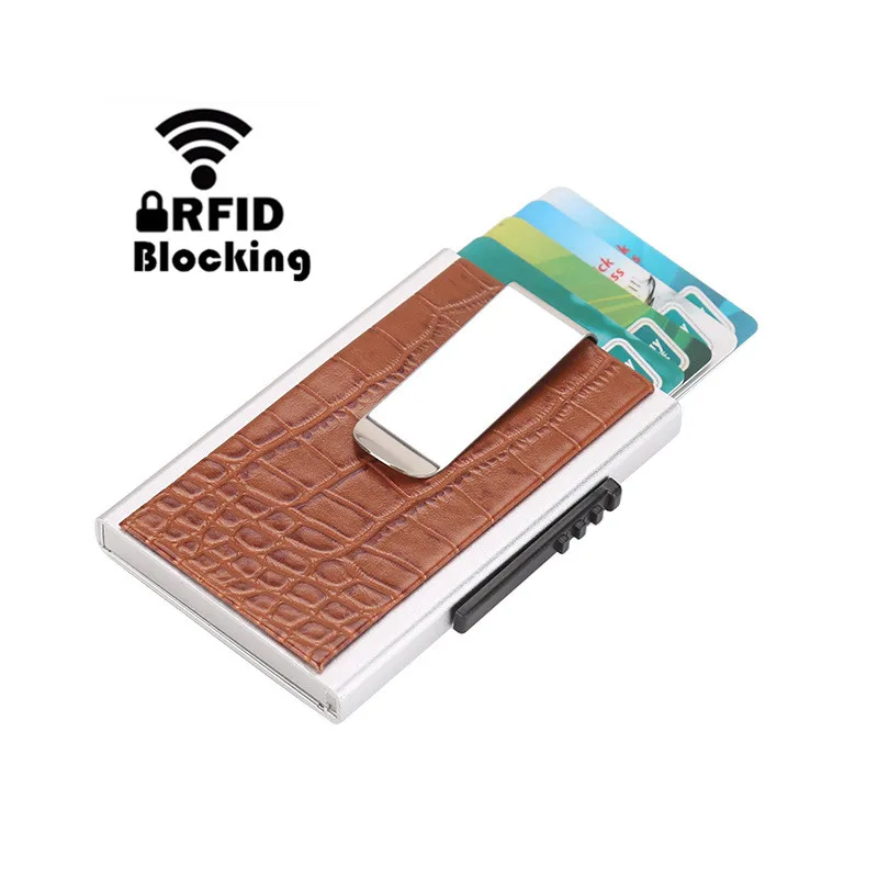 

2019 New Men Aluminum Wallet With PU Cover ID Card Holder RFID Blocking Mini Slim Metal Wallet Credit Card Coin Purse