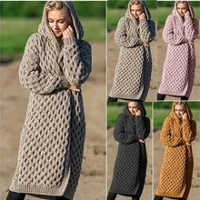 Женский вязаный кардиган, зима, повседневный теплый однотонный длинный женский свитер с открытой строчкой, свободный свитер с капюшоном, вязаная верхняя одежда