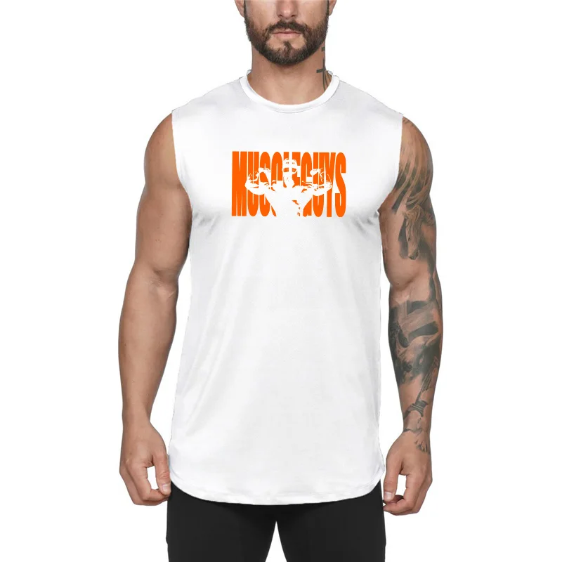Muscleguys спортивные Тэнк-топы для мужчин майка-Стрингер для бодибилдера Фитнес рубашка хлопок мышцы без рукавов топы тренировки Tanktop - Цвет: white165