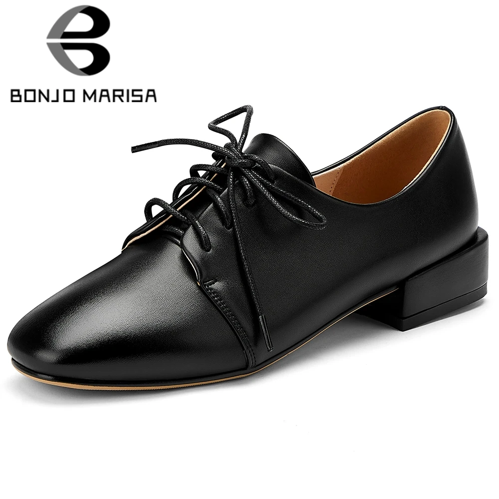 

BONJOMARISA New Spring Office Cool Square Toe Work Pumps Concise Solid lace-up Dress Pumps Women Low Chunky Heel Shoes Woman