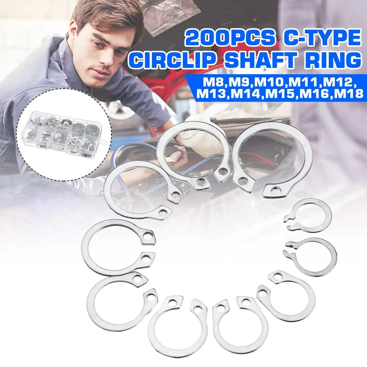 

200pcs M8-M18 Circlips for shaft type A shaft retaining ring circlip card outer snap ring 304 stainless steel clamp spring