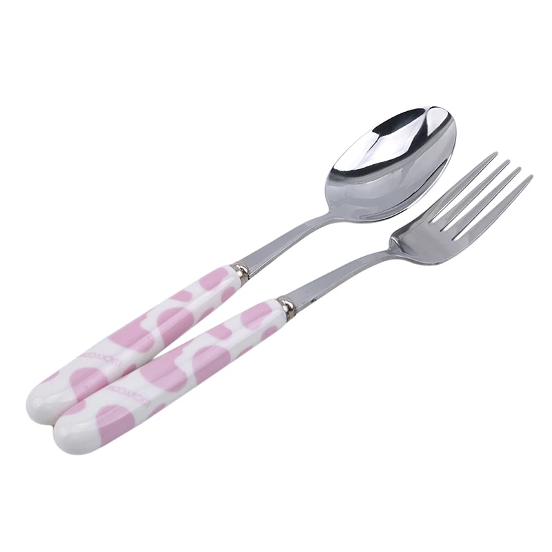 2PC pink 3 шт./компл. студент; Ланч-бокс посуда и изображением милой коровы дизайн Керамика ручка столовая посуда из нержавеющей стали ящик для хранения детская посуда - Color: 2PC pink