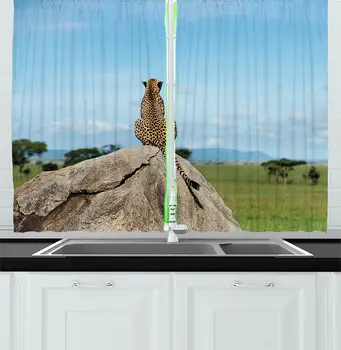 

Jungle Kitchen Window Curtains Wild Cheetah Sitting on a Rock and Looking Away National Park Landscape Window for Kitchen Cafe