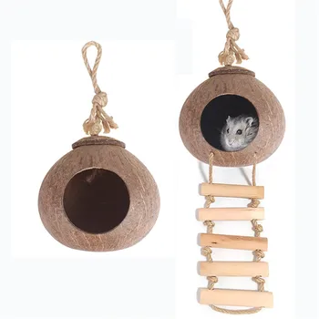 

1pc Natural Coconut Hamster House Hanging Warm Parrot Cage for Small Pets Birds Guinea Pig Products Hedgehog Nest with Stairs