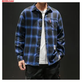 

Dropshipping 2020 Autumn Japanese Streetwear Slim Tops Fashion Male Causal Striped Coat Cotton Male Plaid Fit Shirts