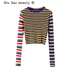 Chu Sau beauty осенне-зимняя уличная мода цветные полосы пэчворк вязаный короткий свитер женский сладкий эластичность приталенные пуловеры