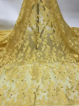 

African Beaded Lace Fabric 2019High Quality Lace Yellow Bridal Lace Fabric Nigerian Fashion Tulle Mesh Lace Fabrics Material
