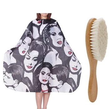 

Wooden Handle Hairdressing Fiber Brush Barber Neck Duster Cleaning & Hairdresser's Cape Cartoon Pattern Printing Gown