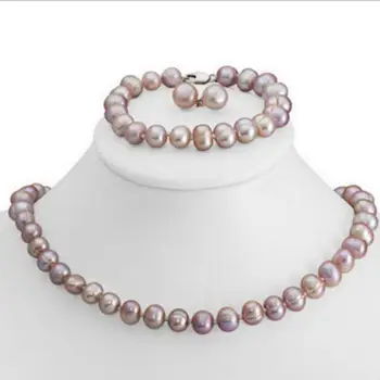 

Genuine 8-9mm Purple Freshwater Cultured Pearl Necklace Bracelet & Earrings Set