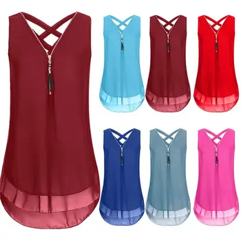

Plus Size Blouses Women Sleeveless Blouses Women Solid Color V Neck Chiffon Zipper Shirts Blouse Vest Women Shirts Top Vests