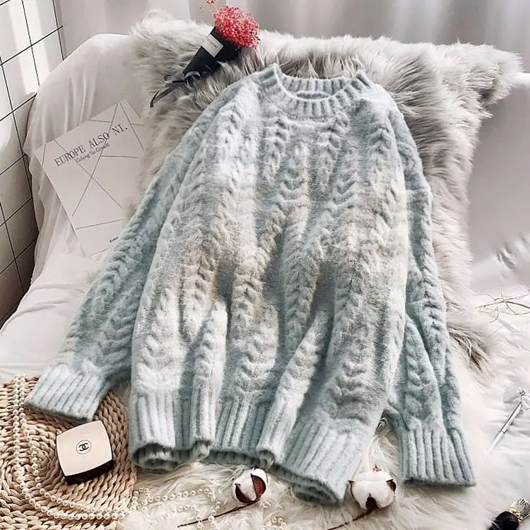 

New coarse wool round neck sweater female student pullover loose top knitted sweater thickened