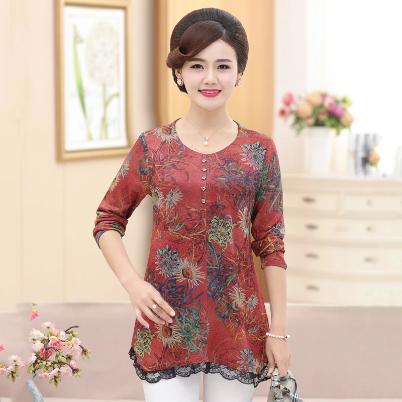Топы с круглым вырезом для женщин Camisas Mujer; сезон весна-осень; большие размеры для женщин средних лет; пуловер с цветочным принтом; футболка с длинными рукавами
