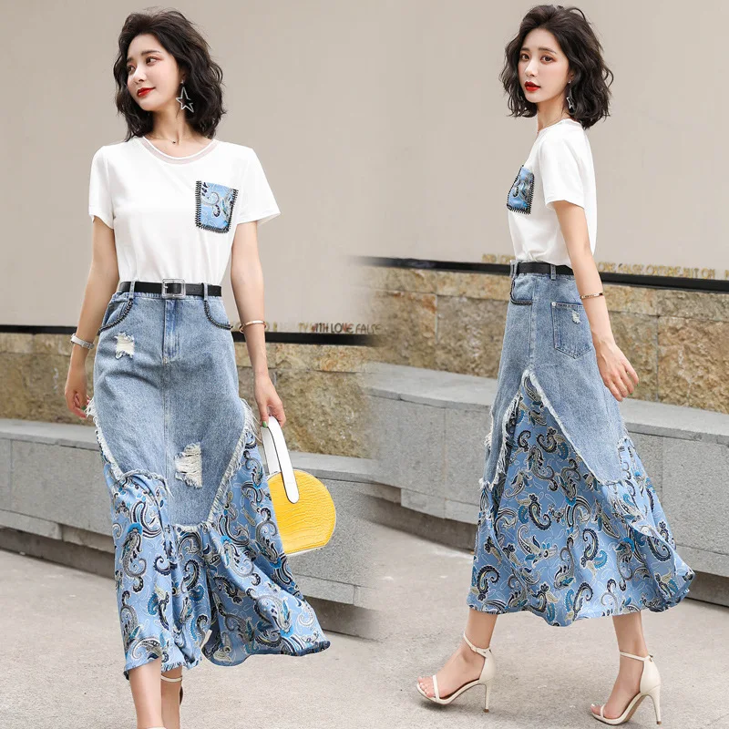 

2019 Summer New Style Popular WOMEN'S Denim One-piece Dress Network hong yang Gas by Age Dress Outfit Two-Piece Skirt Fashion
