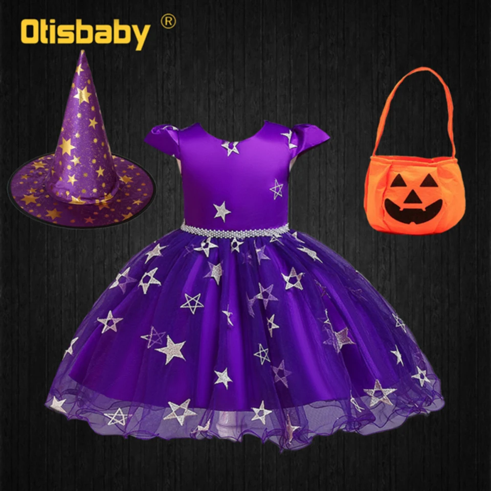 Aislor Girls Fairytale Witch Costume Set - Halloween Dress With Hat, Wand & Candy Bag