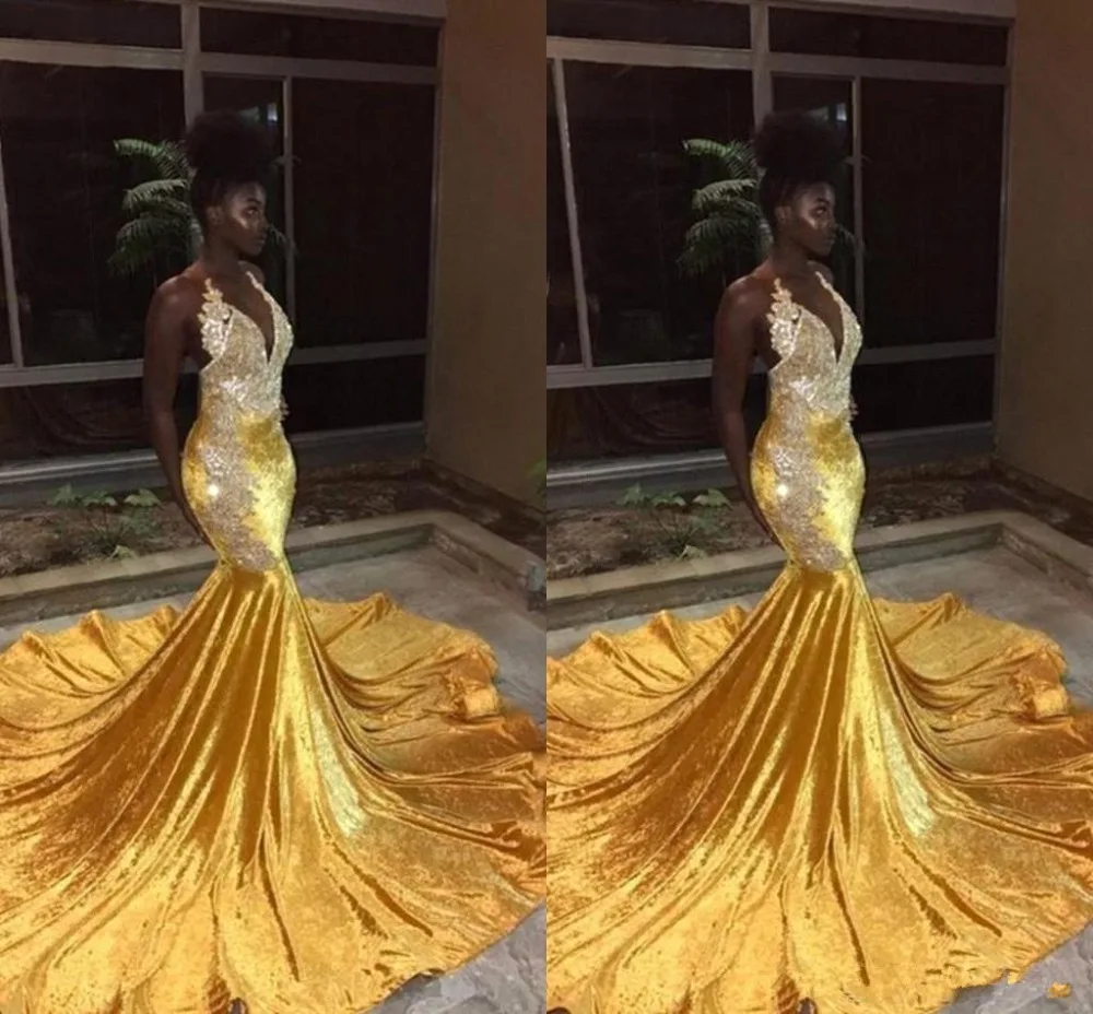 

Yellow Velvet Long Mermaid Prom Dresses 2019 vestidos de gala For Black Girl Halter Lace Appliques Evening Gowns Backless