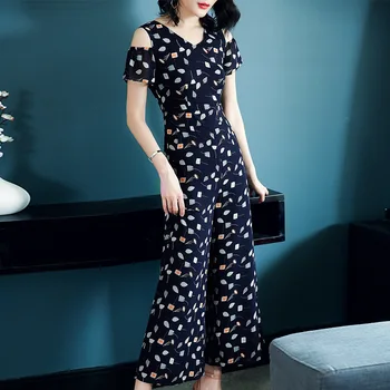 

Lady New Casual Loose Wide Leg Jumpsuit Women 2020 V-neck Chiffon Rompers Womens Printed Jumpsuit