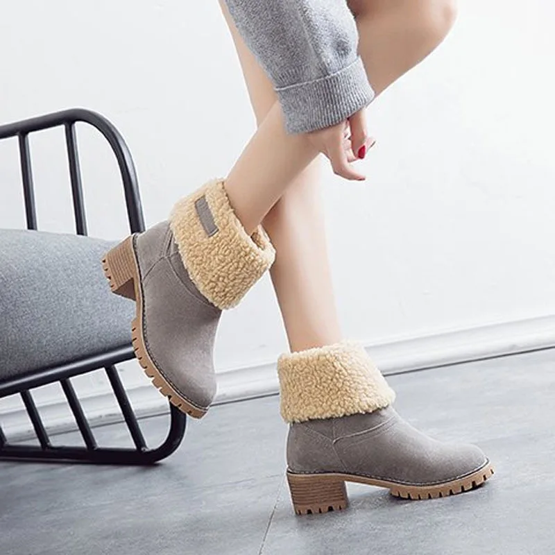 

New Style Large Size Double Purpose Lambs Wool High-Heel Martin Boots Europe And America Chunky-Heel round-Toe Snow Boots Women'