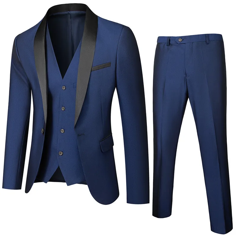 

2021 Latest Fashion Simple Business Formal Suit Pure Color Mens Blazers and Trousers with Waistcoat Slim Fit Men Wedding Suits