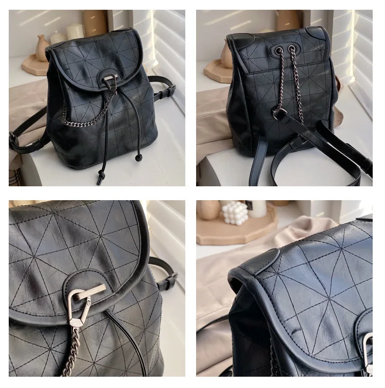 Women's Fashion Soft Leather Backpack With Chain Female Large Capacity Geometric Backpack Purse Girls Travel Bags Black Wine red (2)