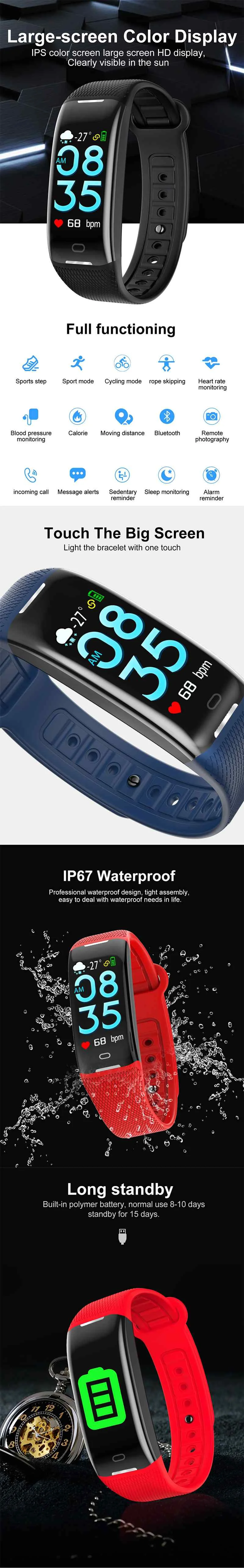 Цветной экран IP67 Водонепроницаемый умный Браслет Шагомер пульсометр монитор кровяного давления фитнес часы 15 дней в режиме ожидания