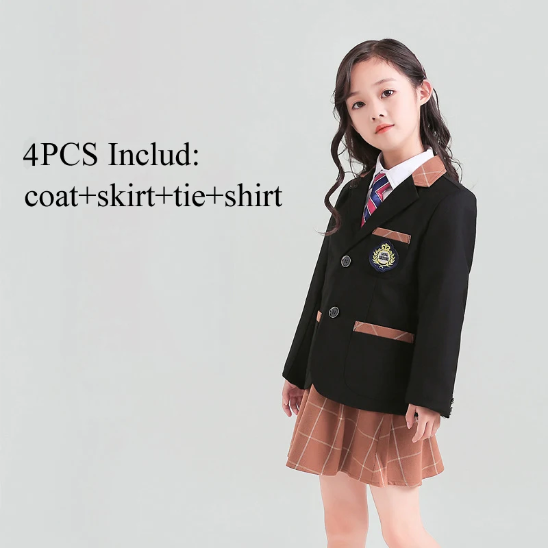 Black Girl 4PCS 3/4 предмета, блейзер для начальной школы, школьная форма, британский стиль колледжа, Женский костюм для мальчиков, юбка для девочек, платье, костюм, одежда для детского сада - Цвет: Black Girl 4PCS
