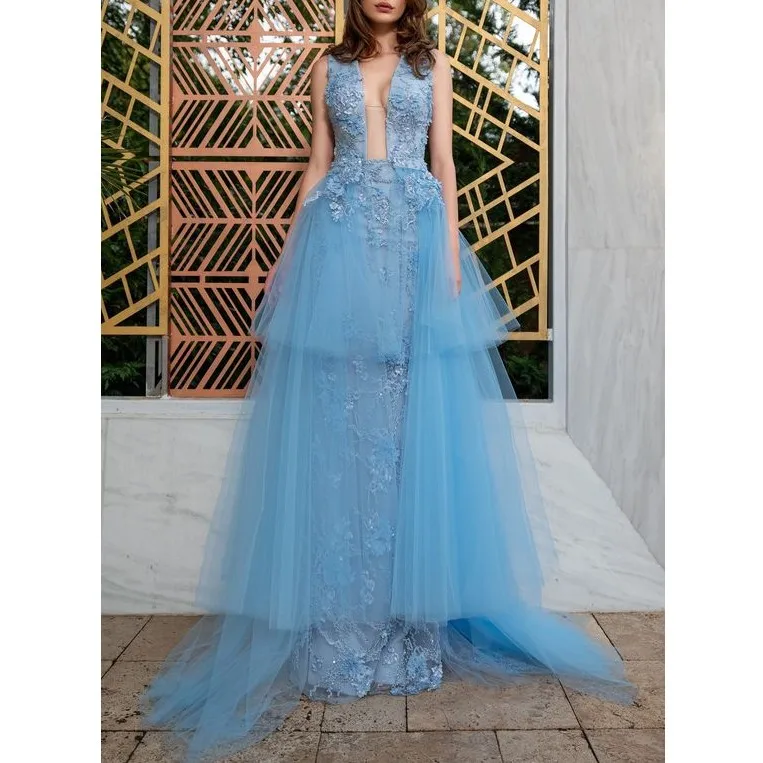 

2020 new Evening party Gowns Sexy Plunging Neckline Handemade Flowers Appliques Beadings Mermaid With Detachable Train Dresses