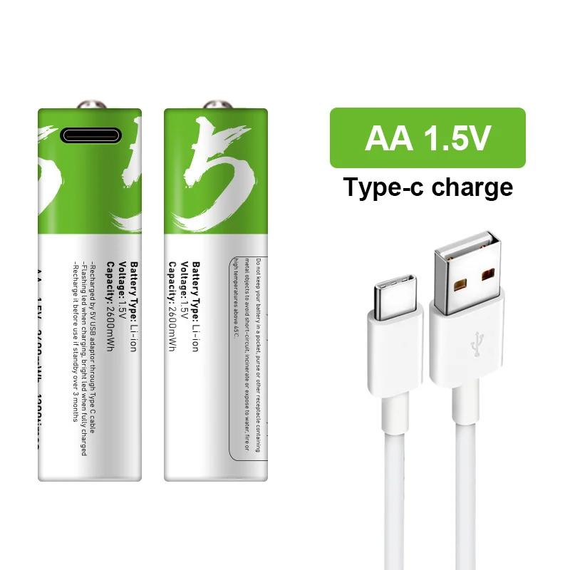 High capacity 1.5V AA 2600 mWh USB rechargeable li-ion battery for remote control mouse small fan Electric toy battery + Cable