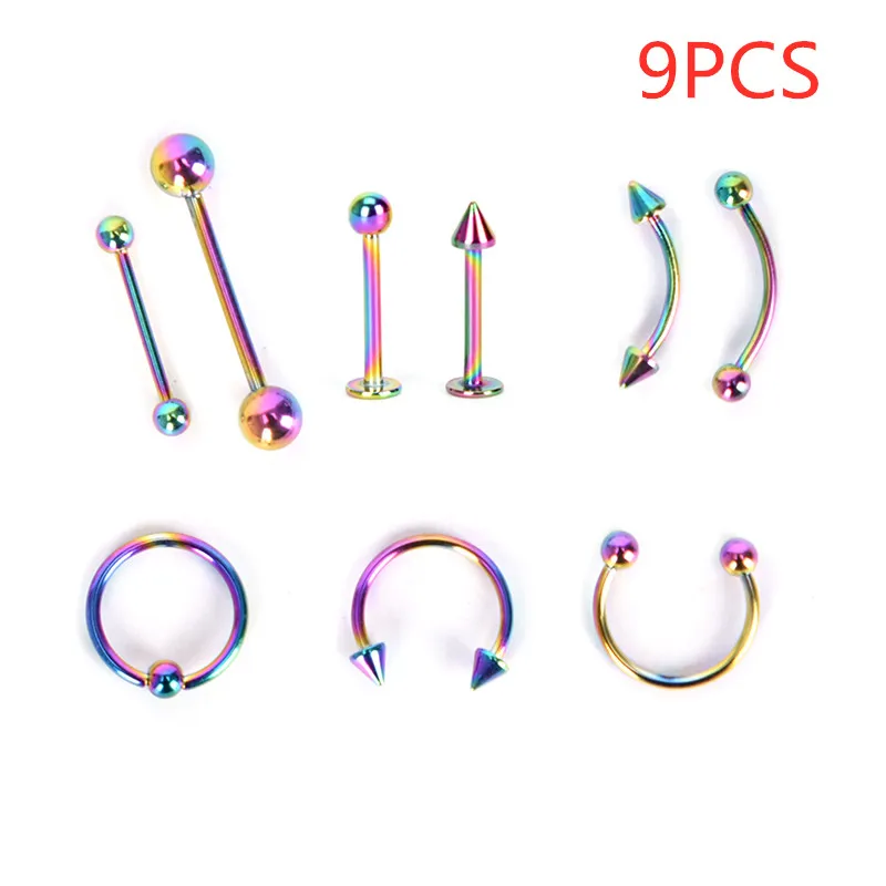 9PCS/10PCS Body Piercing Stainless Steel Eyebrow Lip Nose Jewellery Tongue Tragus Labret Bar Rings