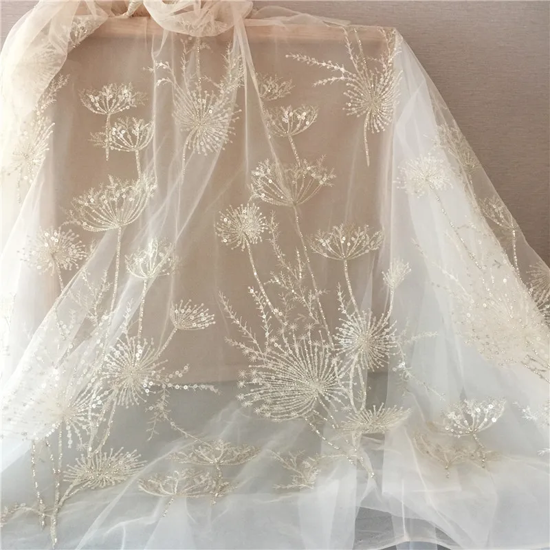 1 Yard Luxus Gold perle löwenzahn pailletten tüll stickerei spitze stoff haute couture stoff spitze DIY handwerk hochzeit 135cm breite – Detail 6