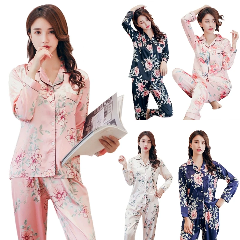 

Women Faux Silk Pajamas Long Sleeve V-Neck Buttons Top Pants Floral Loungewear
