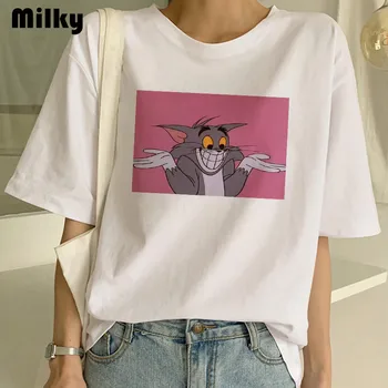 

Cat and Mouse Print Cartoon Casual Summer Tops Fun Spoof Female Loose Letters Large Size tees Cute Ulzzang Vintage T-Shirt