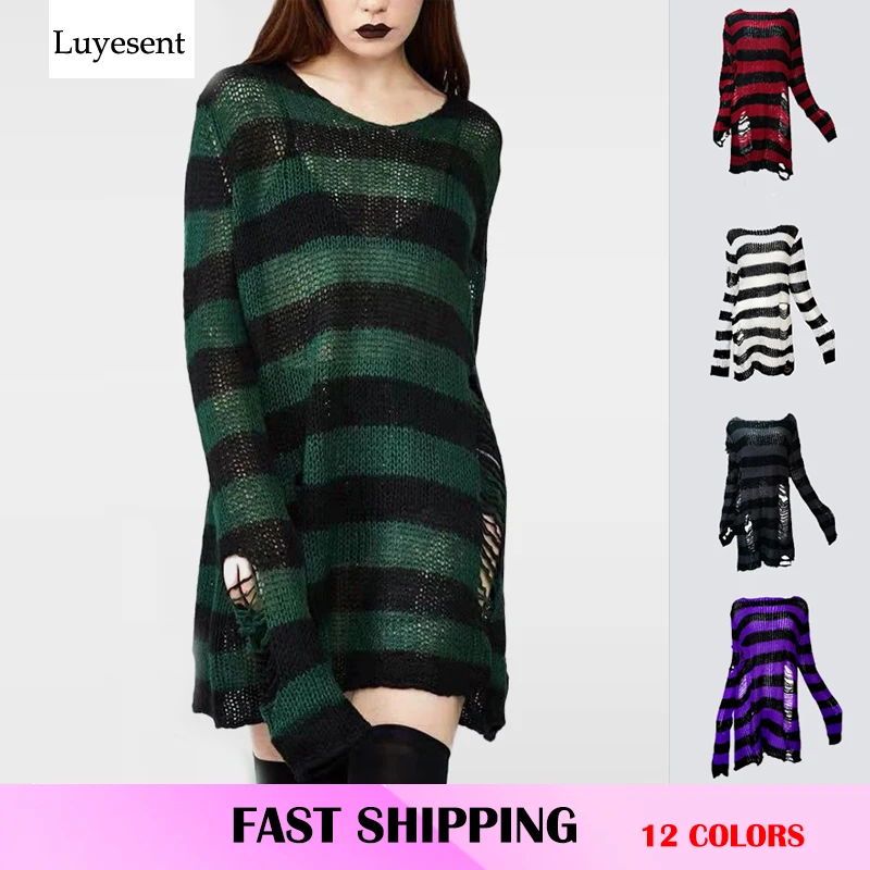 Suéter largo gótico Punk de talla grande suéter unisex vestido de mujer hombre a rayas fresco ahuecado agujero roto puente suelto Rock Delgado Sweter 2020