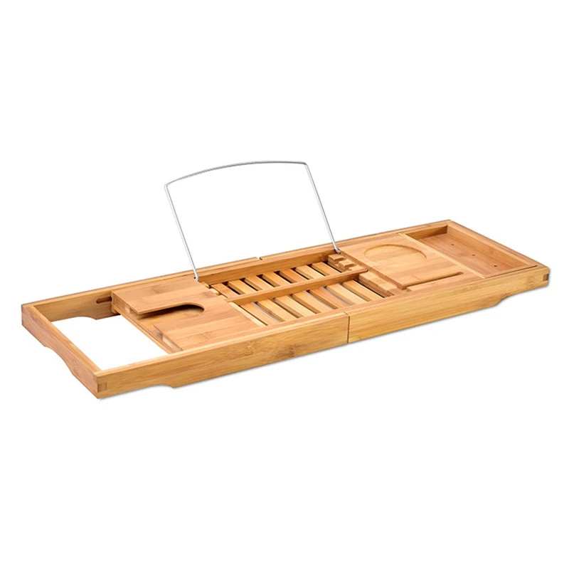 

Bamboo Bathtub Retractable Tray with Extended Side Reading Frame Tablet Holder Mobile Phone Tray and Wine Rack Holder Luxury Enj