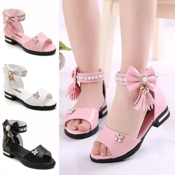

Kids PU Leather Sandals Low Hell Princess Summer Dress Shoes Soft Sole Beading Tassel Boutique Bohemian Sandals for 3-12T Girls