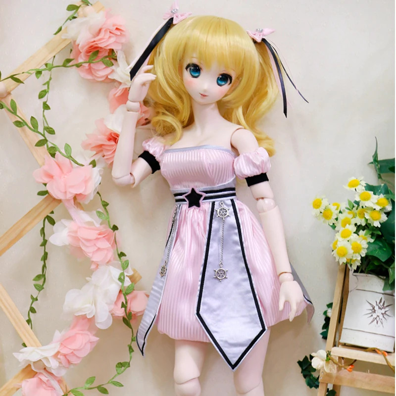 Одежда для куклы BJD розовая Полосатая юбка с пышными рукавами открытыми плечами