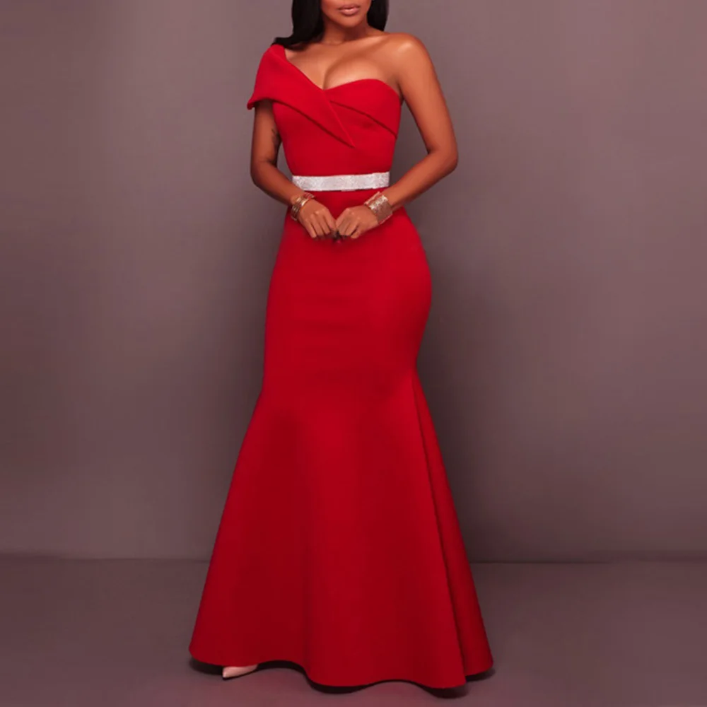 Sexy Women Red Long Party Dress One Shoulder Africa Ladies Evening Dinner Backless vestidos de fiesta Bodycon Mermaid Maxi |