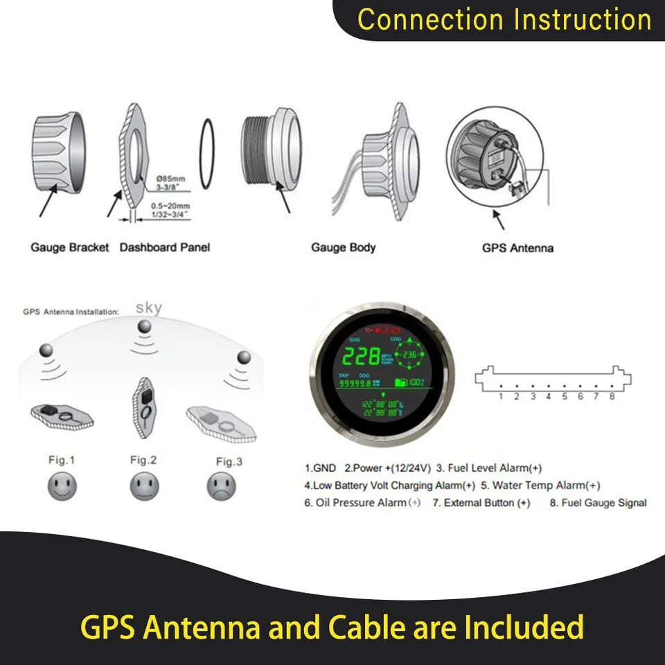 ELING Compteur De Vitesse GPS 0–299 Km/h, Nœuds MPH, Kilométrage Réglable, Alarme De Survitesse, Compteur De Niveau De Carburant, Voltmètre Pour Bateau, Voiture, Camion, Moto 85 Mm (blanc