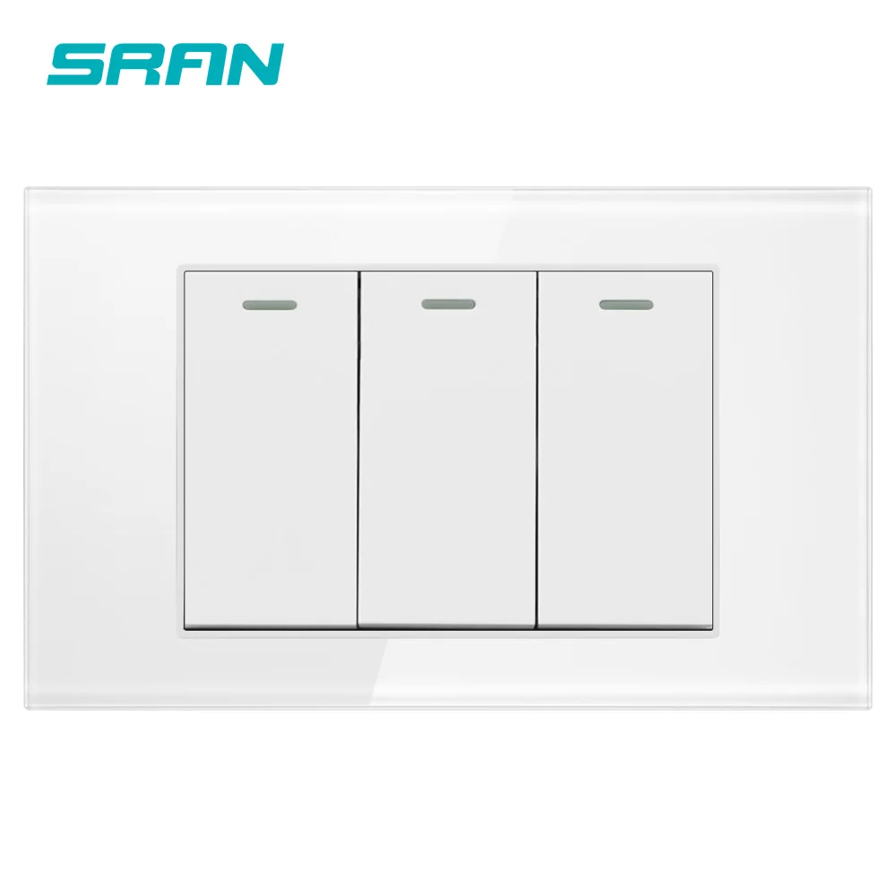 SRAN AU/US standard 3 gang 2 way rocker switch,250V 16A wall light switch for stairs crystal tempered glass 118mm*72mm