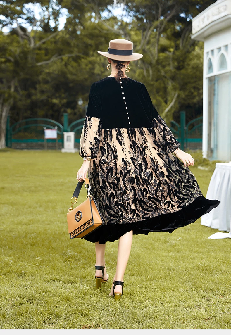 Autumn New Noble Silk Flocking High Waist Dress