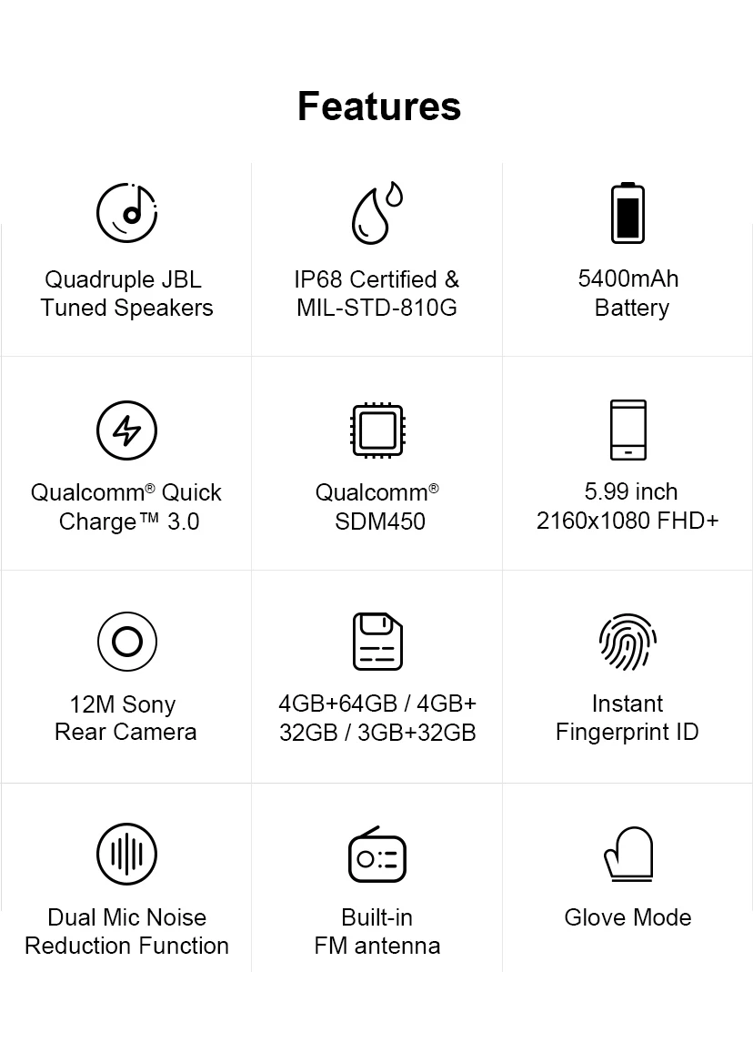 Смартфон AGM A9 защищенный IP68 SDM450 5 99 дюйма FHD + 4 64 ГБ 5400 мА · ч быстрая зарядка 3 0 Android 8